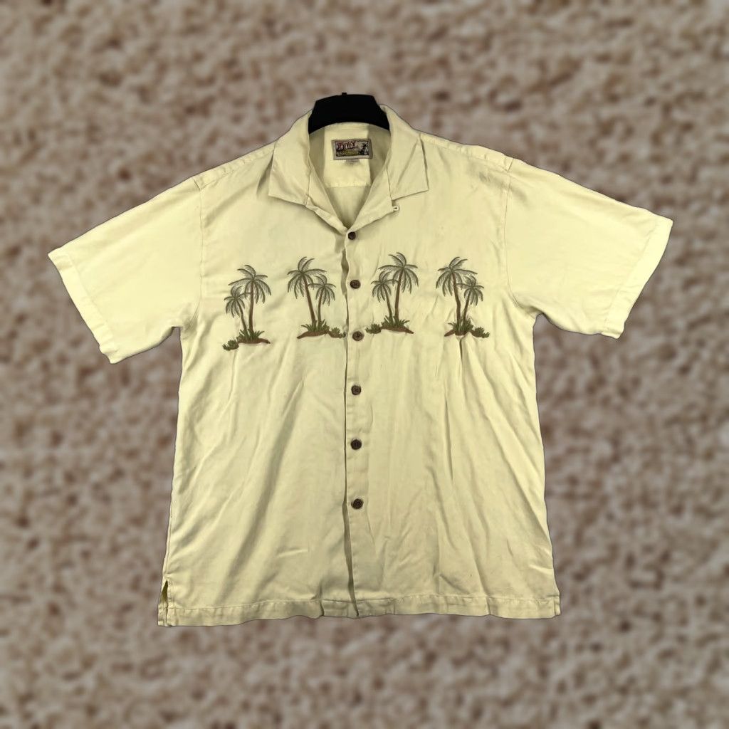 Vintage Tiki Classics Shirt Men XL Yellow Palm Tree Embroidered 100% Silk Resort Aloha Hawaiian Floral Button-Up Casual Size US XL / EU 56 / 4 - 1 Thumbnail