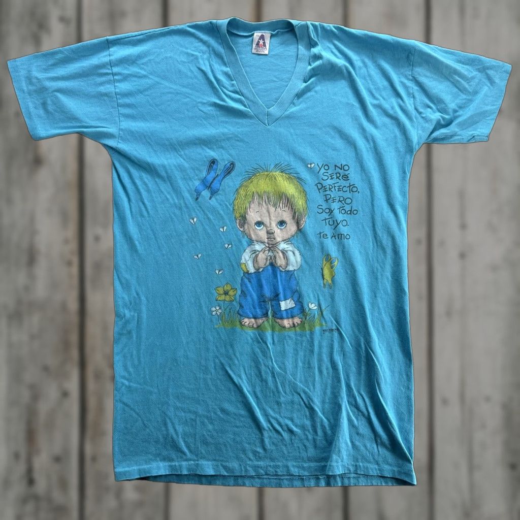 Vintage VINTAGE America T-Shirt Mens 2XL Blue V-Neck Graphic Print Te Amo Kid Cartoon 90s USA Polyester Cotton Mens Size US XXL / EU 58 / 5 - 1 Thumbnail