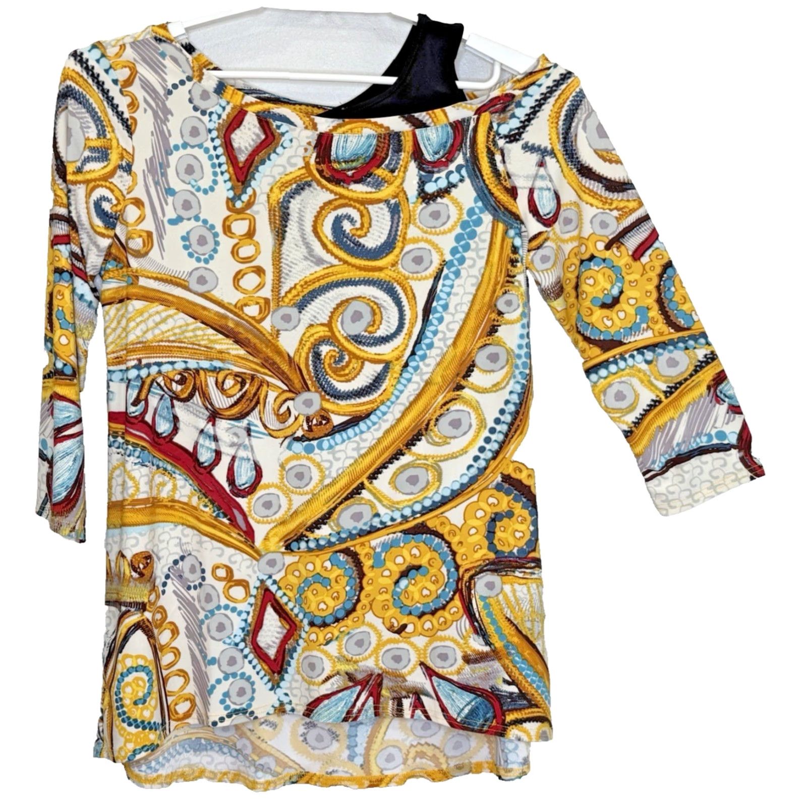 Vintage VINTAGE Attitudes by Renee Como Jersey Asymmetric Neckline Tunic Top Women's Medium Yellow Paisley Print 3/4 Sleeve Stretch Size M / US 6-8 / IT 42-44 - 2 Thumbnail