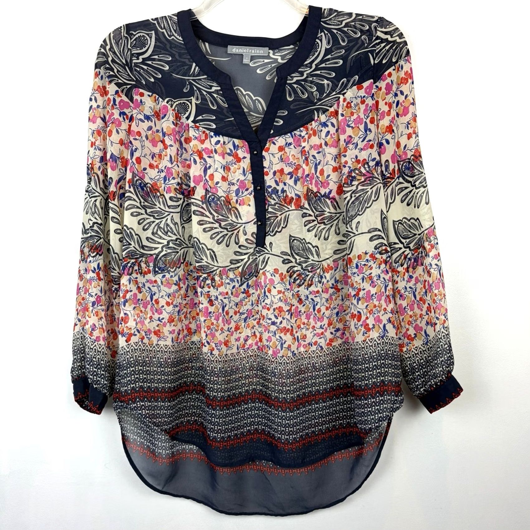 Vintage Daniel Rainn Boho Floral V-Neck Blouse, Small, Navy, Oversized, Sheer, Cotton, Button Top, Bohemian, Relaxed, Spring, Summer, Fall, Size S / US 4 / IT 40 - 2 Thumbnail
