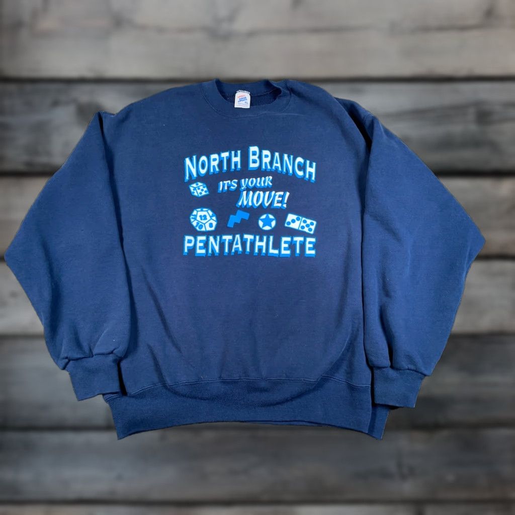 Jerzees VINTAGE Jerzees Sweatshirt North Branch Michigan Pentathlete Adult XL Blue 50/50 Graphic Print 90s City Sports Mens Size US XL / EU 56 / 4 - 1 Thumbnail