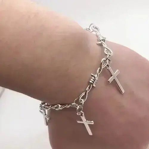 Bead Bracelet x Vintage Barbed Wire Cross Bracelet Post Hip Hop Cosplay Jewelry in Silver, Men's