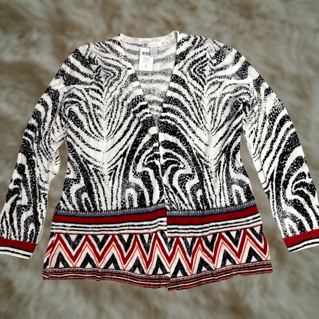 Vintage Chico's Cardigan Zebra Hannah Linen Blend Black White M Women Cardigan New Size M / US 6-8 / IT 42-44 - 1 Thumbnail
