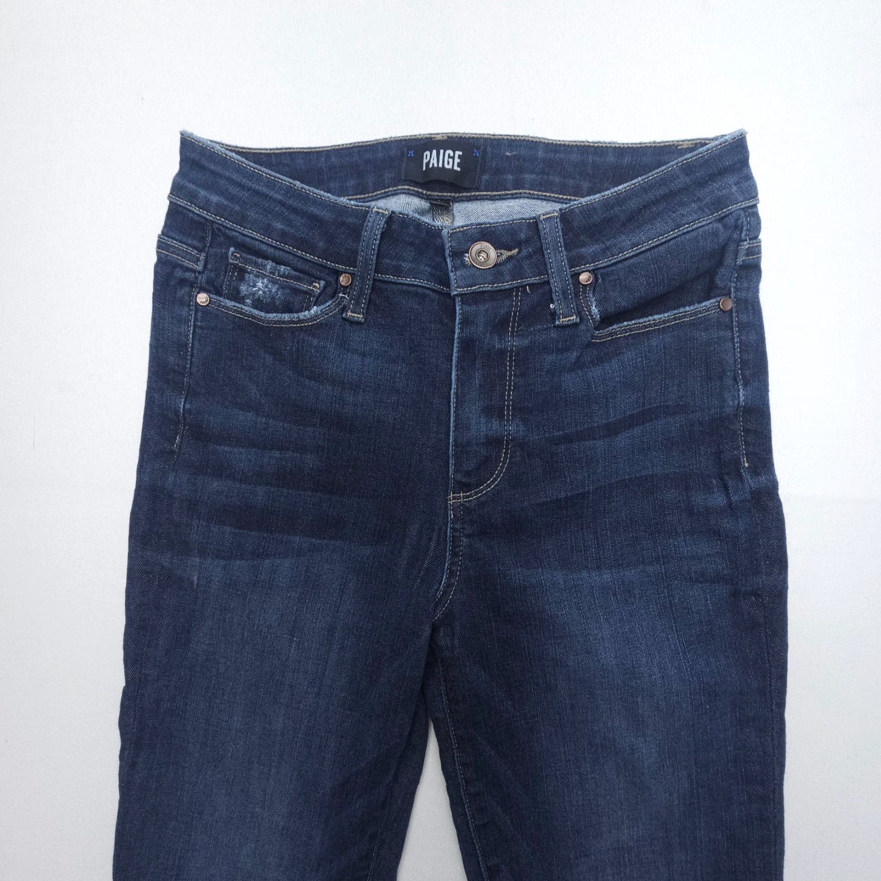 Paige Paige Colette Crop Flare Jeans Size 26 Dark Wash Stretch Denim Blue Raw Hem Mid Size 26" / US 2 / IT 38 - 6 Thumbnail