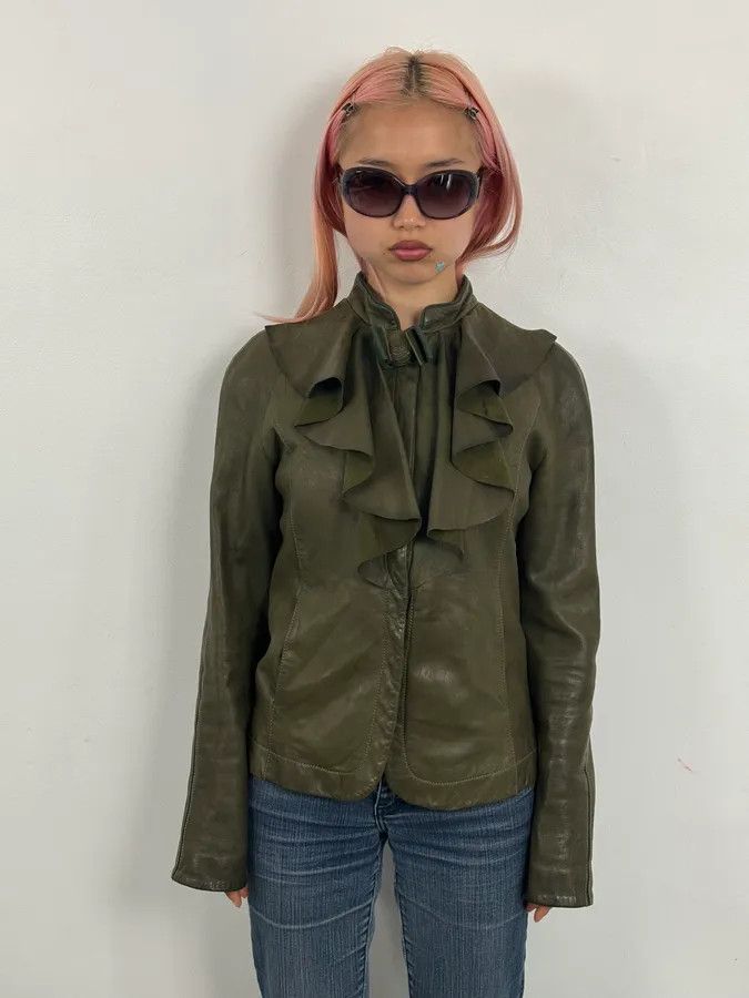 Emporio Armani AW2009 Emporio Armani Green Lamb Skin Ruffle Collar Jacket Size M / US 6-8 / IT 42-44 - 2 Thumbnail