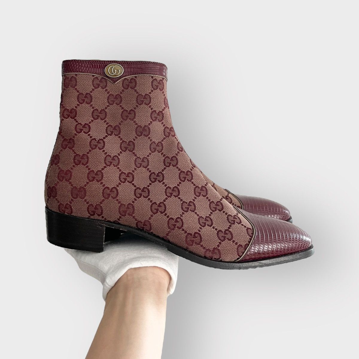 STEAL! Gucci Burgundy Canvas Original GG Boots Lizard Trim display picture 3