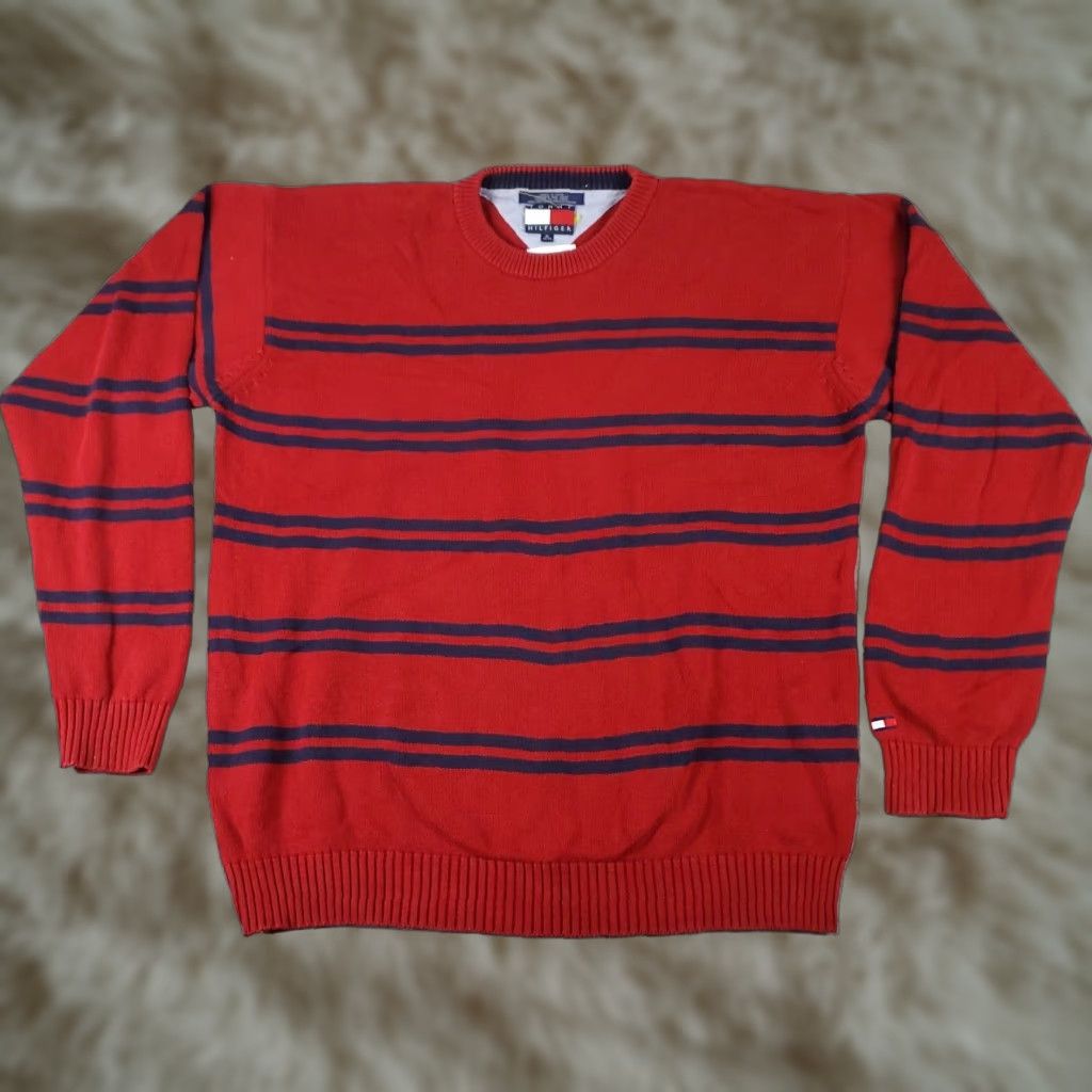 Tommy Hilfiger VINTAGE Tommy Hilfiger Mens XL Red Blue Striped Pullover Sweater Cotton Blend Long Sleeve V-Neck Logo Knit Size US XL / EU 56 / 4 - 1 Thumbnail