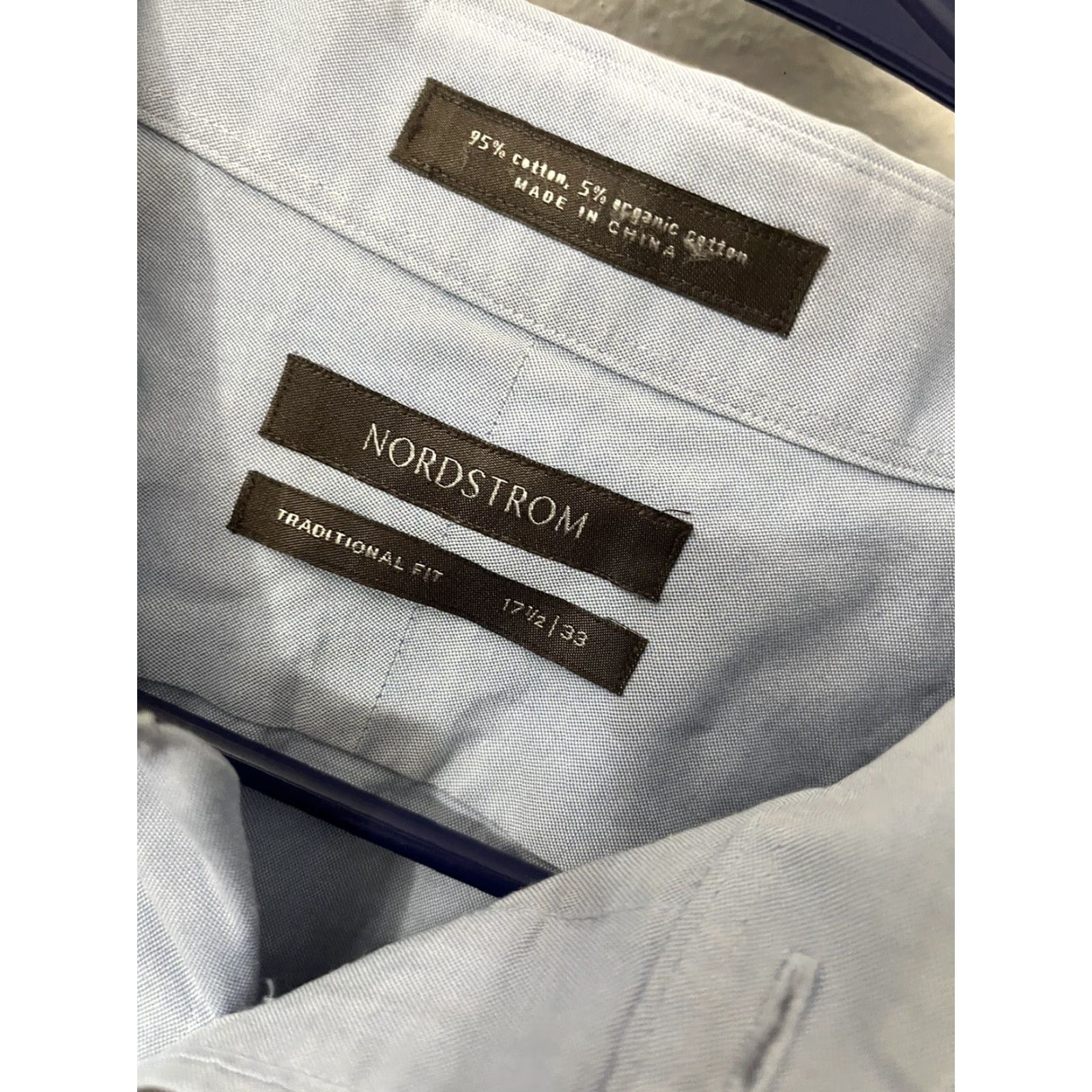Nordstrom Nordstrom Brand Mens 17.5 35 Blue Solid Traditional Fit No Iron Dress Shirt 100% Cotton Classic Fit Regular Size: 17.5 Truthful? Size 46R - 3 Thumbnail