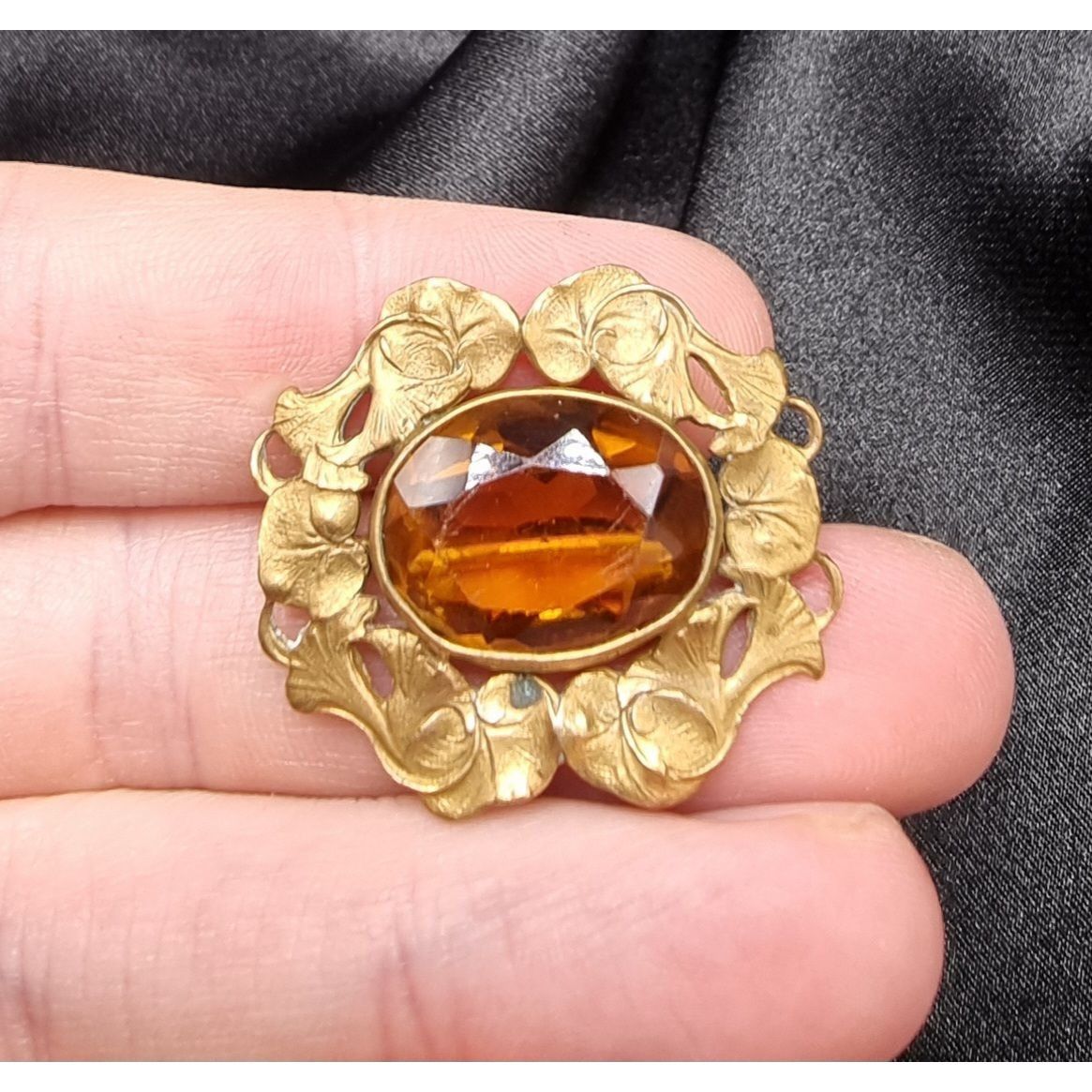 Vintage Antique Early 20th Century Gold-Tone Brooch With Amber Oval Size ONE SIZE - 5 Thumbnail