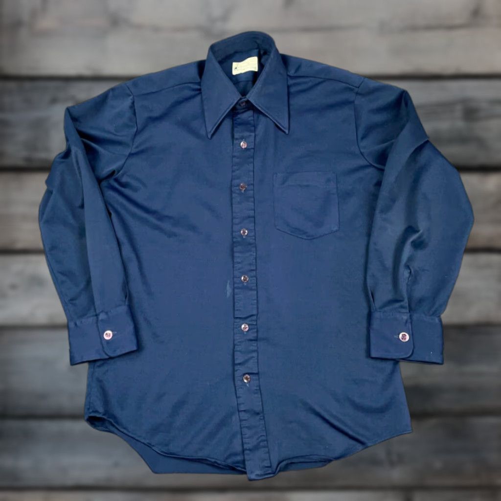Vintage VINTAGE 80s Mod Style Dark Blue Knit Button-Up Shirt Adult 15 / 33 K-mart Button-Front Solid Long Sleeve Collared Casual Mens Size US M / EU 48-50 / 2 - 1 Thumbnail