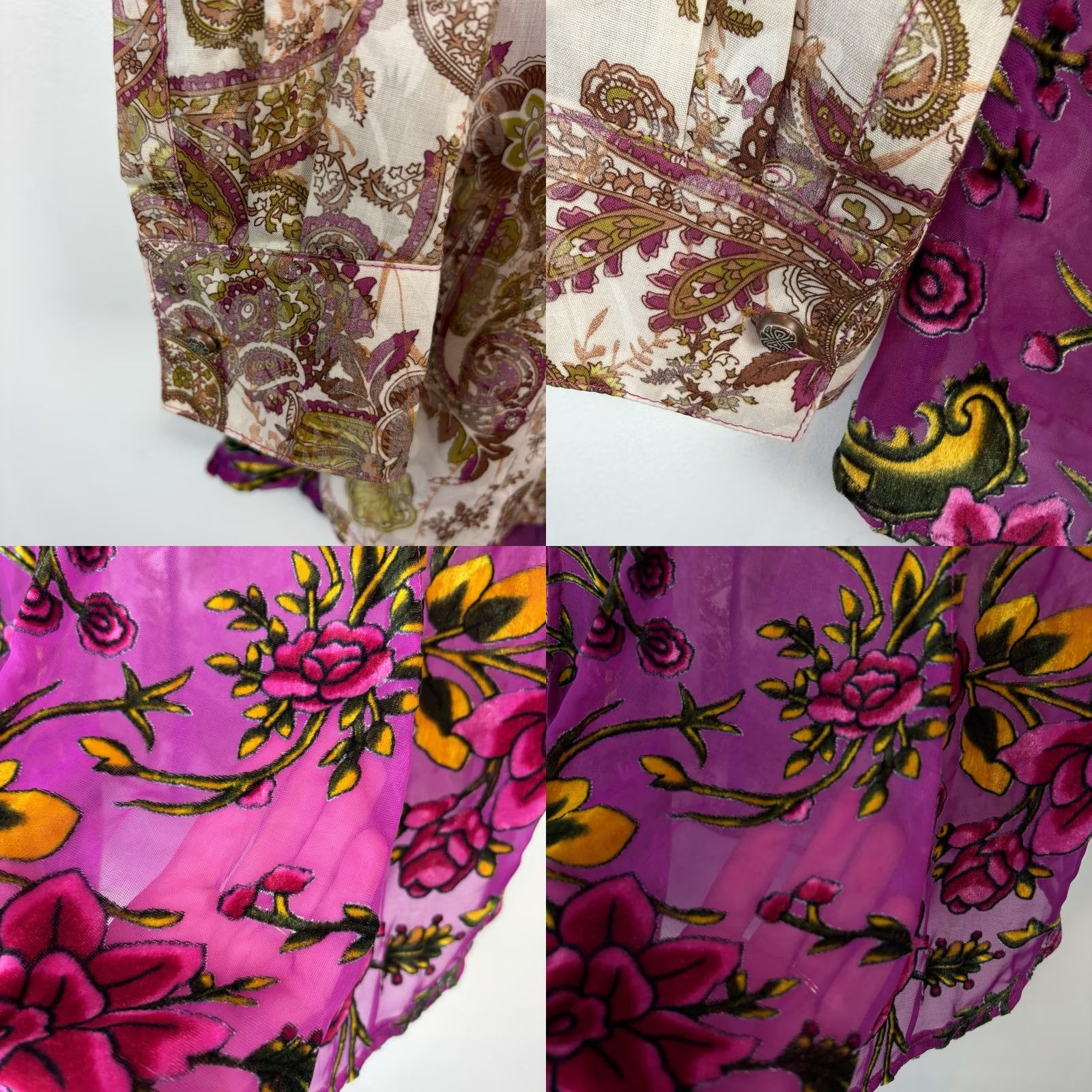 Velvet Aratta Silent Journey Blouse Womens S Velvet Floral Henley Button Long Sleeve Casual Boho Artsy Mixed Fabric Purple 27.5" 19" Measurements1> Size S / US 4 / IT 40 - 8 Thumbnail