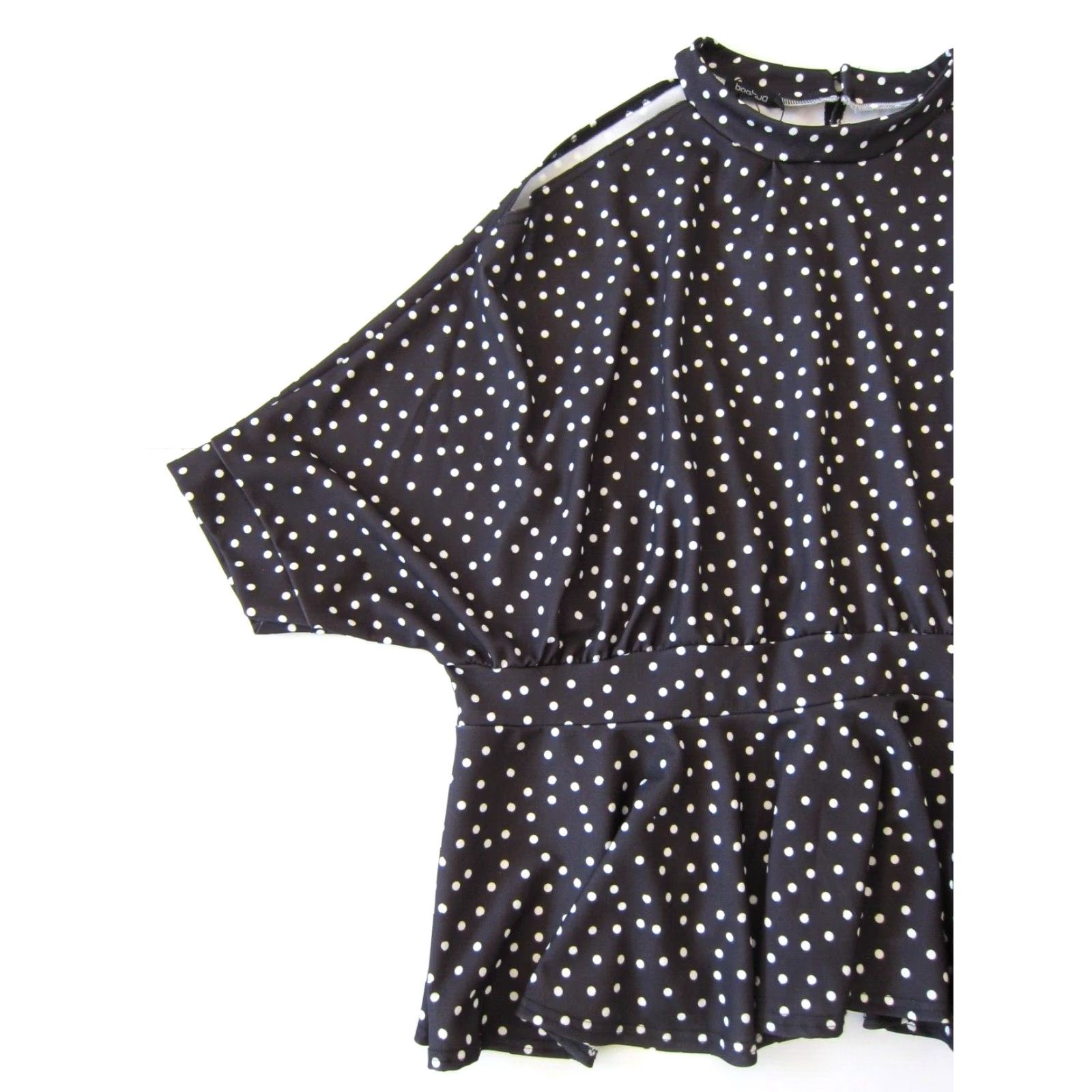 Boohoo NWT Boohoo Black White Polka Dot High Neck Cold Shoulder Blouse Plus 24 Size 4XL / US 24-26 - 7 Thumbnail