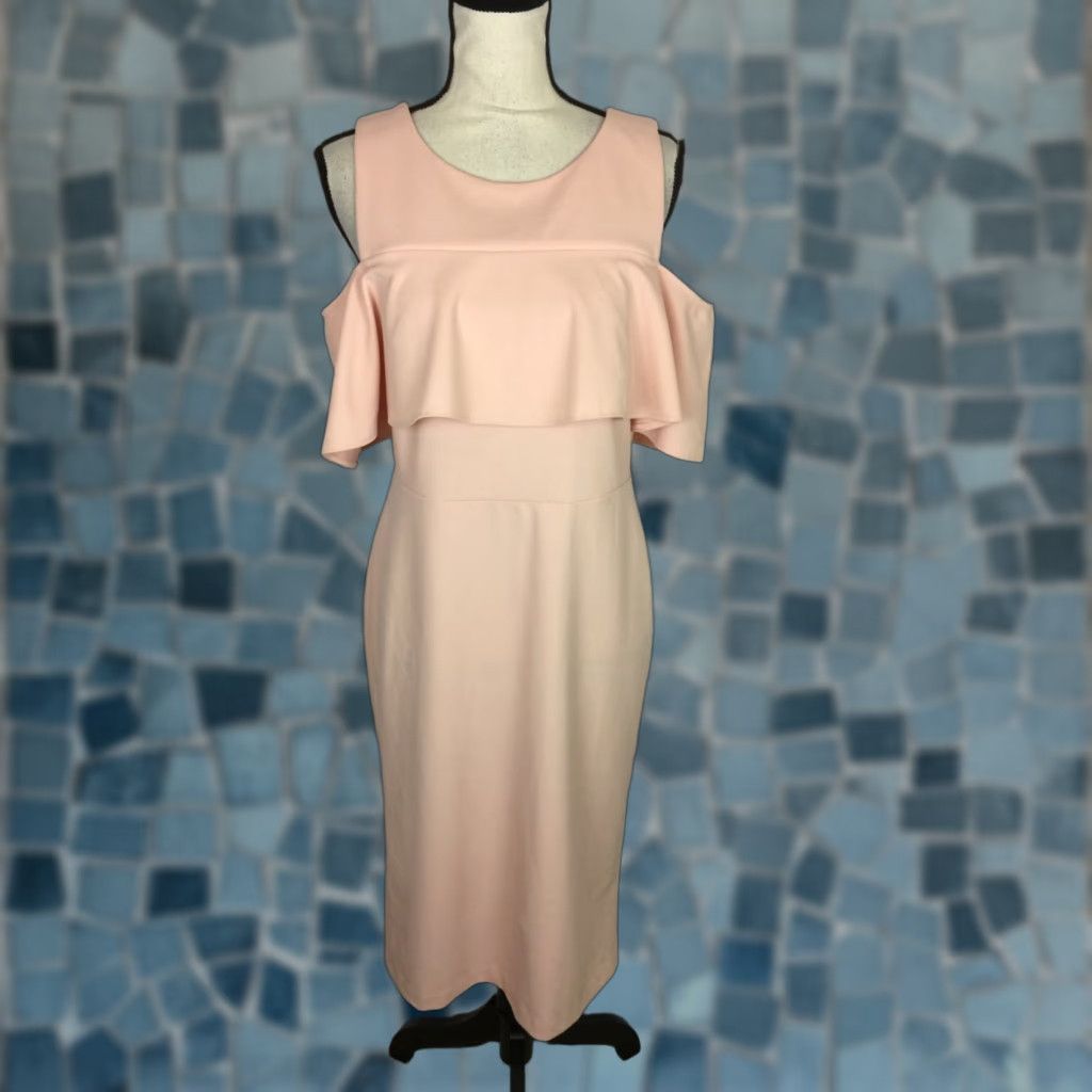 Beige by Eci Midi Sheath Dress Size 10 Womans Beige Pink Cold Shoulder  Stretch Dress