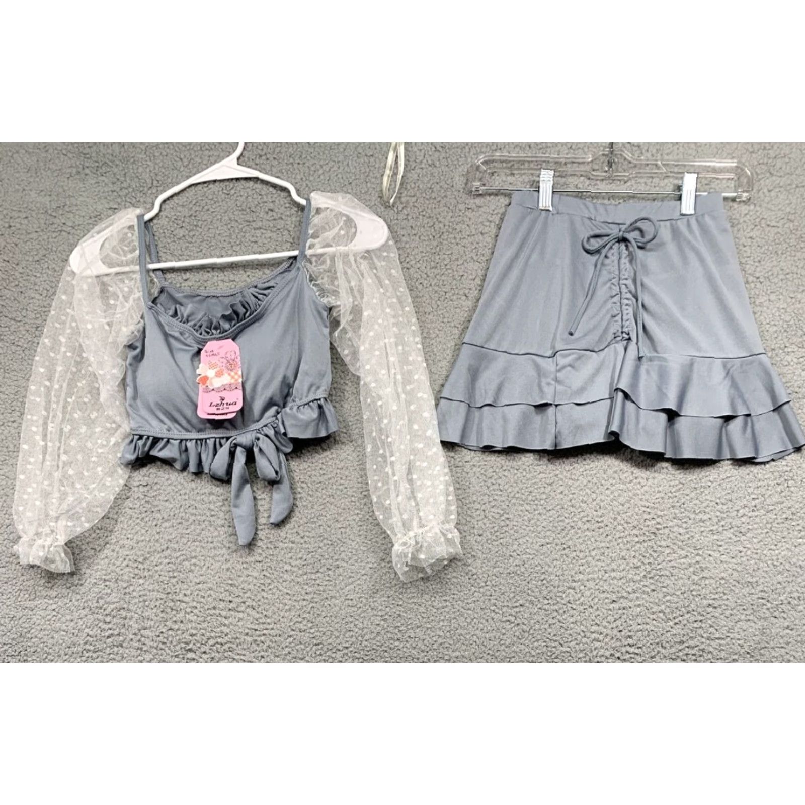 Vintage Lzhua 2-Piece Swimsuit Women's XS Gray Lace Sleeves Boy Shorts Under Skirt NWT Daywear Size 26" / US 2 / IT 38 - 2 Thumbnail