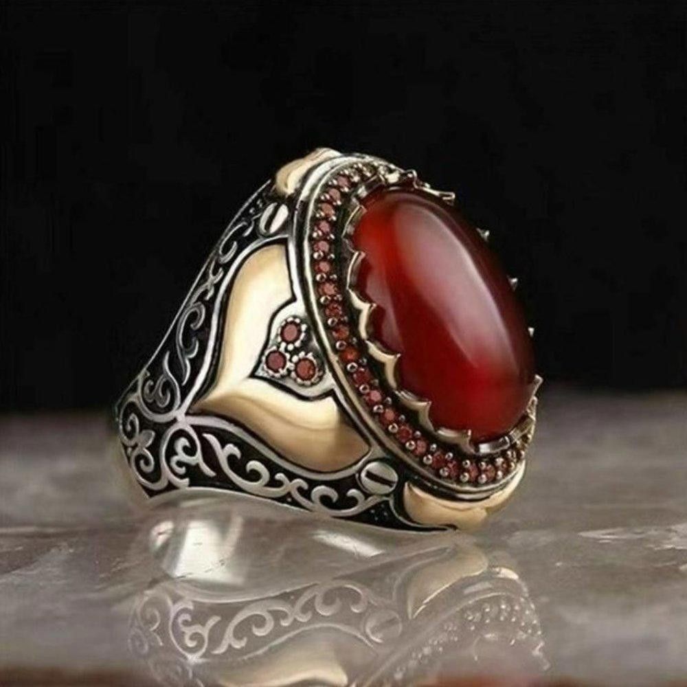 Designer Men's Retro Handmade Turkish Red Agate Ring - Size 9 Size ONE SIZE - 2 Thumbnail