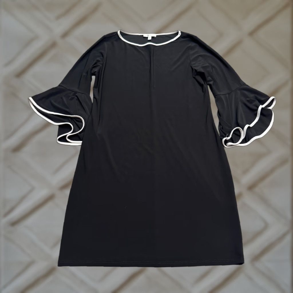 Neiman Marcus VINTAGE Neiman Marcus Bell Sleeve Shift Dress Womens 10 Black White Trim Knee Length USA Size L / US 10 / IT 46 - 1 Thumbnail