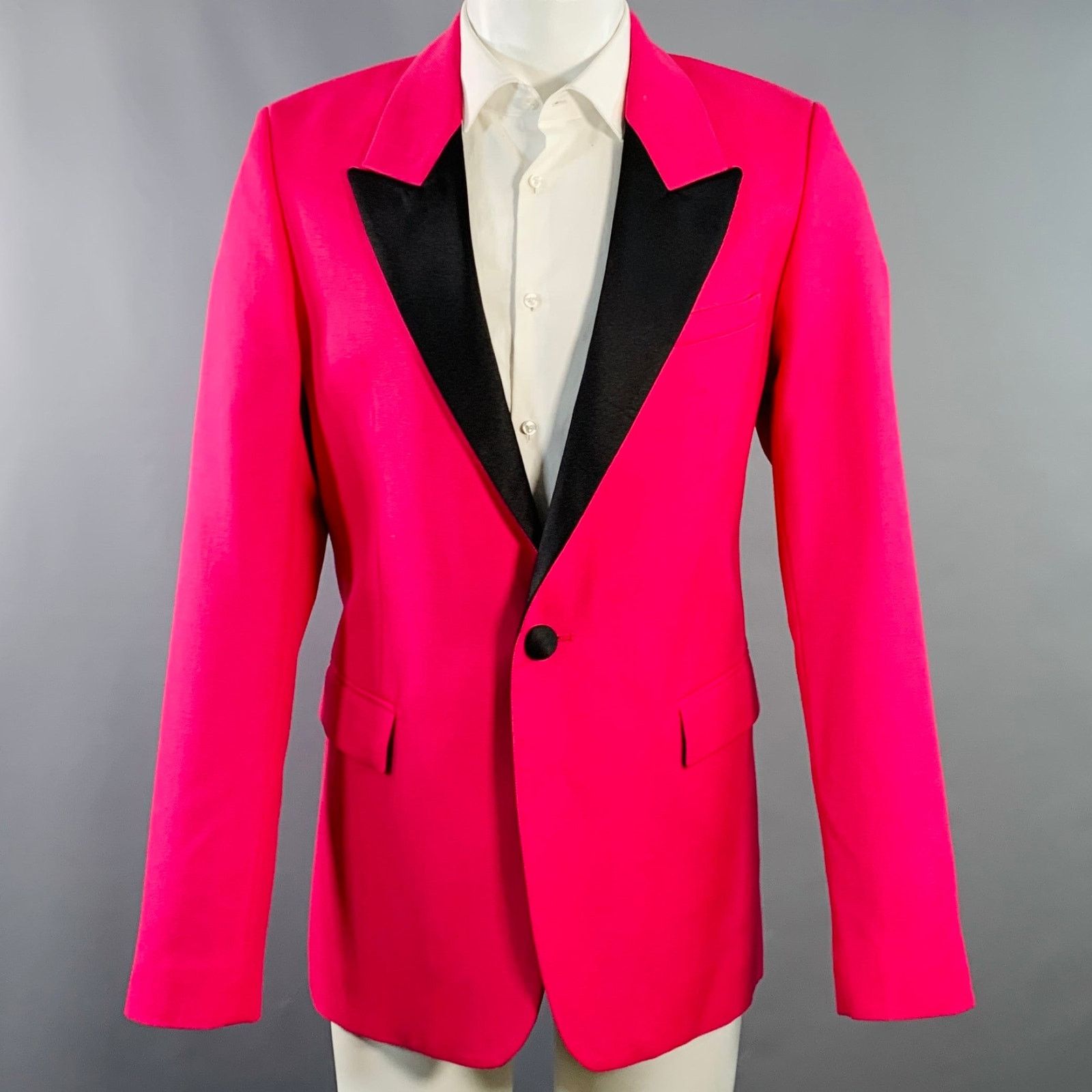 Size 40 Fuchsia Pink Black Wool Peak Lapel Sport Coat