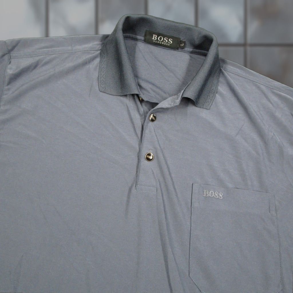 Vintage Hugo Boss Polo Shirt 100% Silk Mens Large Blue Gray Short Sleeve Pocket Luxury Shirt Size US L / EU 52-54 / 3 - 1 Thumbnail