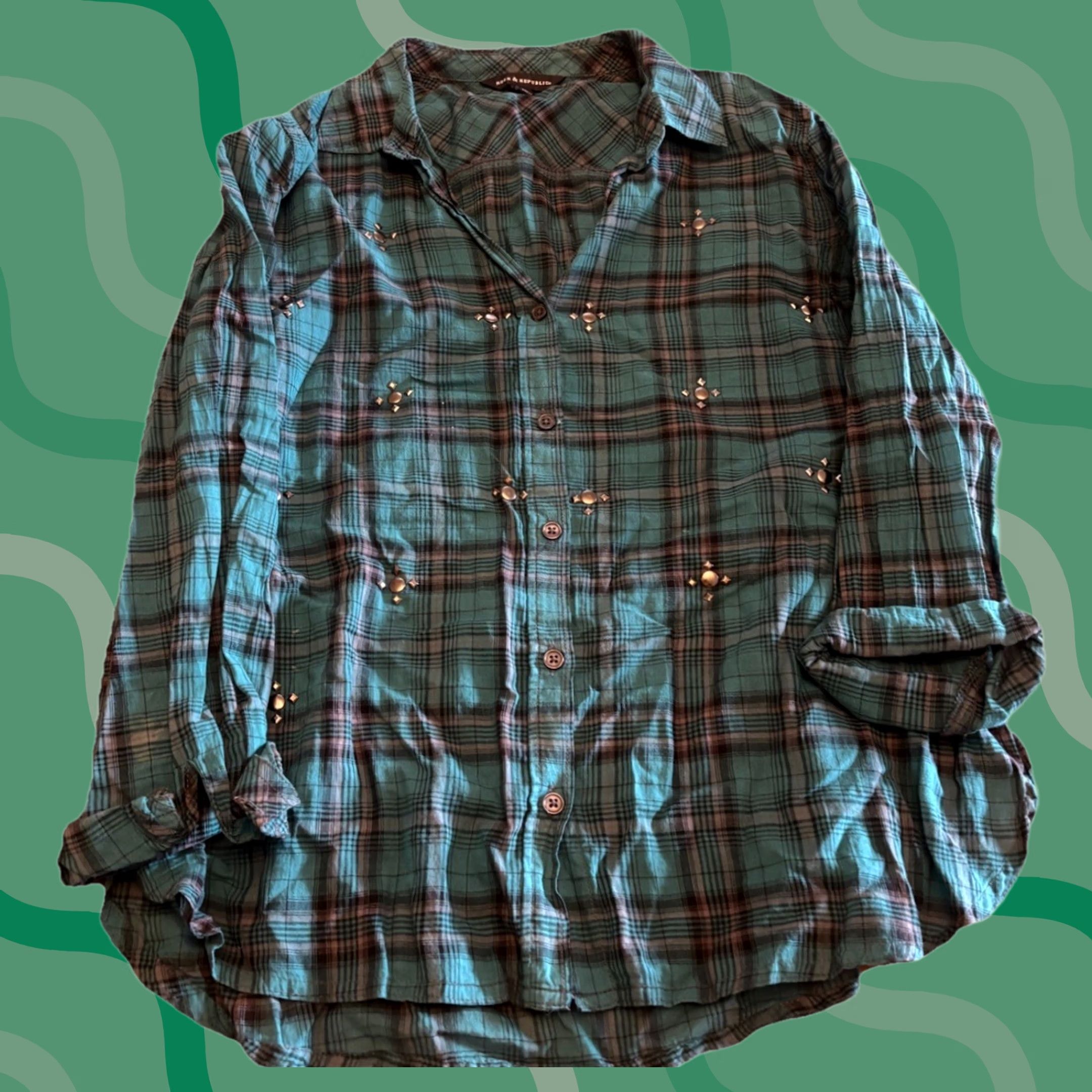 Vintage Rock & Republic Shirt Women M Green Blue Star Button Down Long Sleeve Blouse Boho V-Neck Patch Pockets Casual Party/Cocktail Travel Size M / US 6-8 / IT 42-44 - 1 Thumbnail