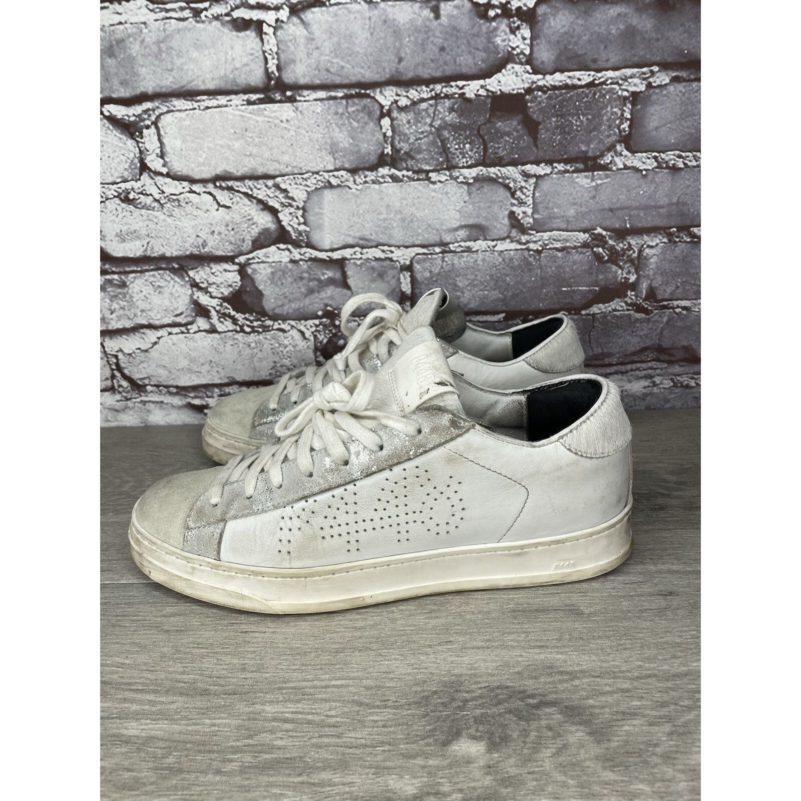 P448 P448 White Leather Gray Suede Silver Glitter Low Top Sneaker Size US 9.5 / IT 39.5 - 15 Thumbnail