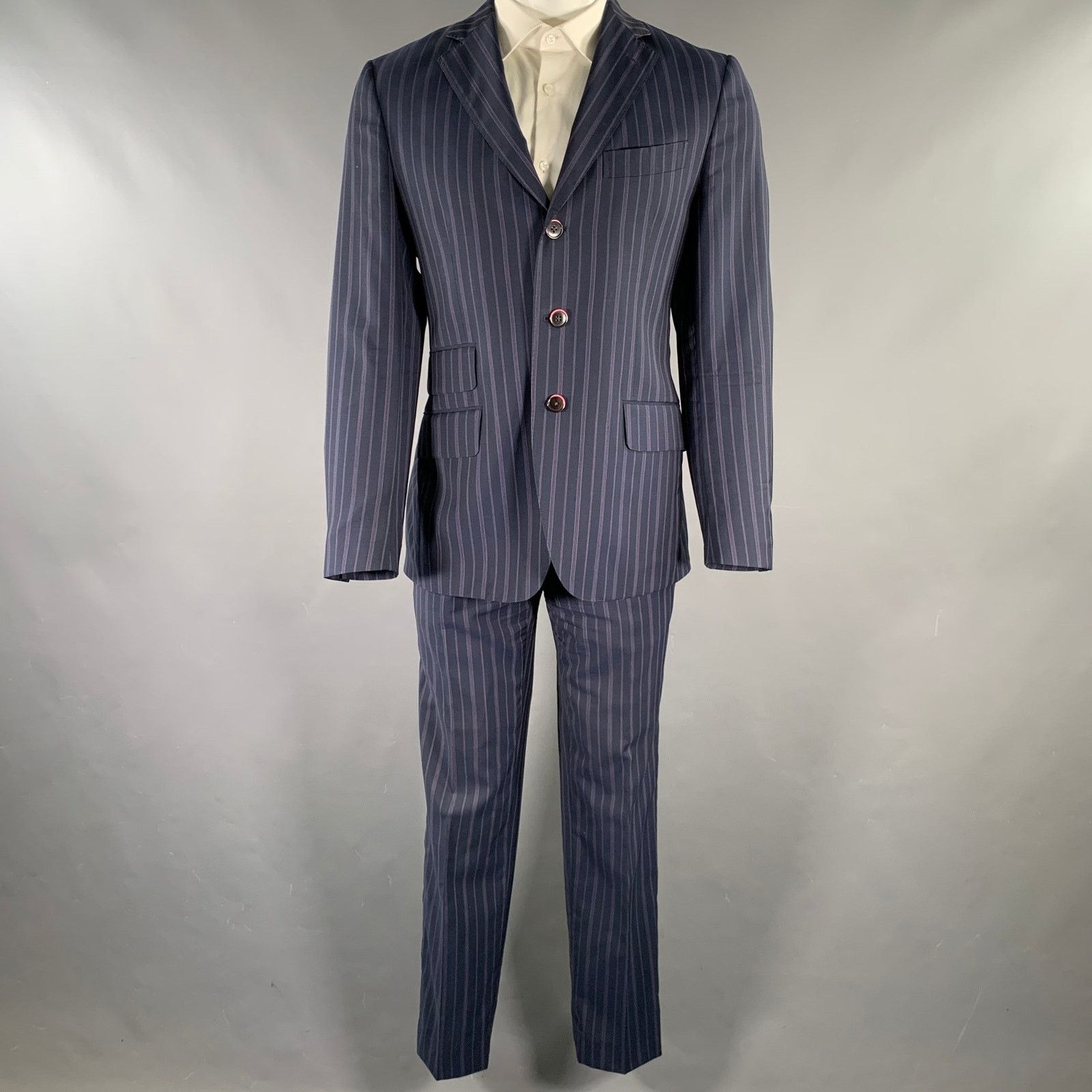 Etro ETRO Size 38 Navy Purple Pinstripe Wool Notch Lapel Suit Size 38R - 3 Thumbnail