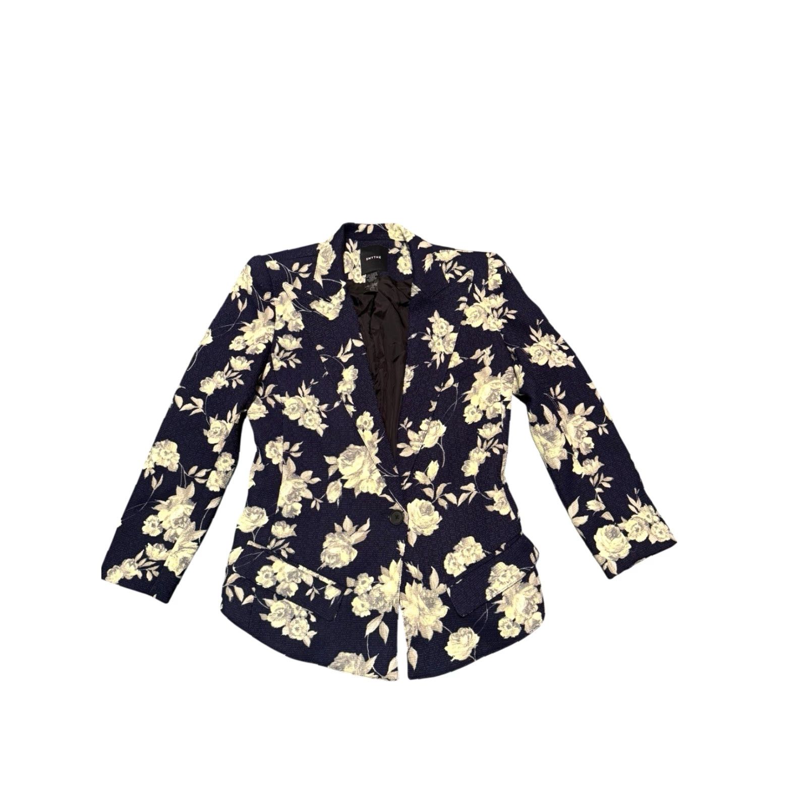 SMYTHE Smythe Blazer Women Floral Navy One-Button Size 4 Blue Tweed Linen Short Coat Jacket Business Casual Fall Spring Winter Canada Size S / US 4 / IT 40 - 2 Thumbnail