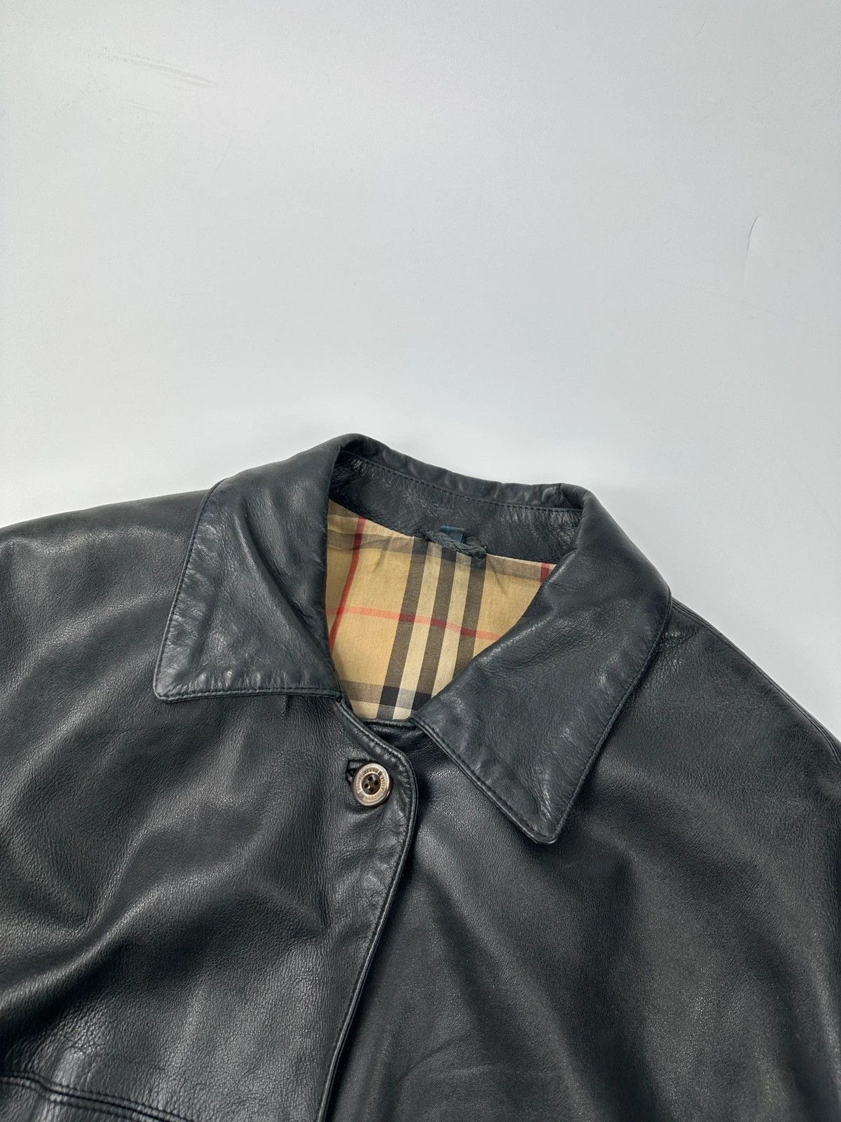 Burberry Burberrys 90s Black Leather Trench Coat Tartan Monogram Size US L / EU 52-54 / 3 - 2 Thumbnail