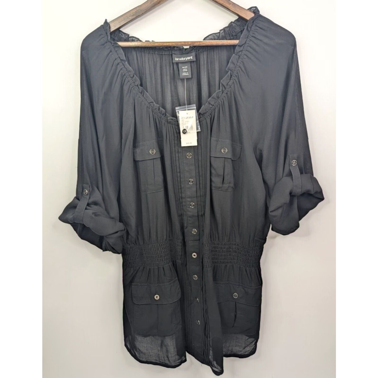 Vintage Lane Bryant Blouse Shirt | Plus Size 18/20 | Black Rayon Roll Tab Sleeve Front Button Pockets | 3/4 Sleeve | Round Neck | Women Size XXL / US 16-18 / IT 52-54 - 2 Thumbnail