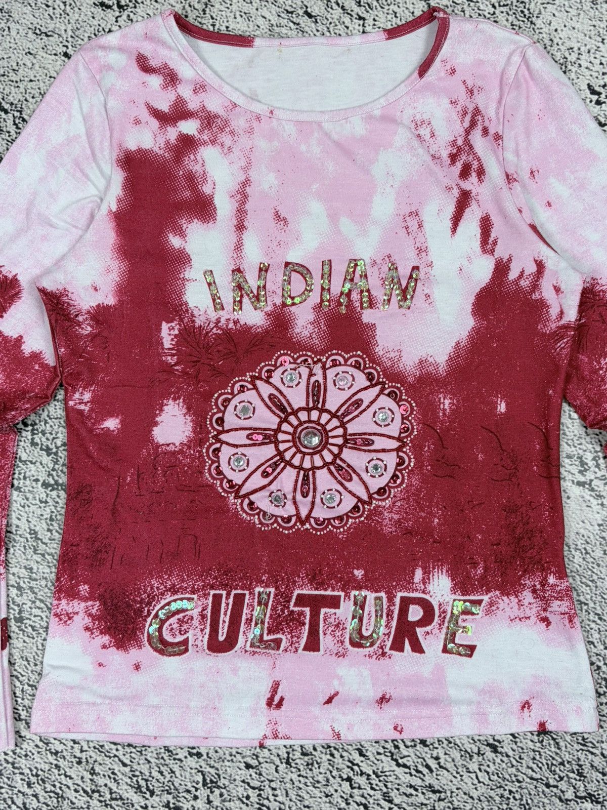 Japanese Brand Vintage Y2K Pink Tie Dye Rhinestone Flare Longsleeve Tee Size S / US 4 / IT 40 - 4 Thumbnail
