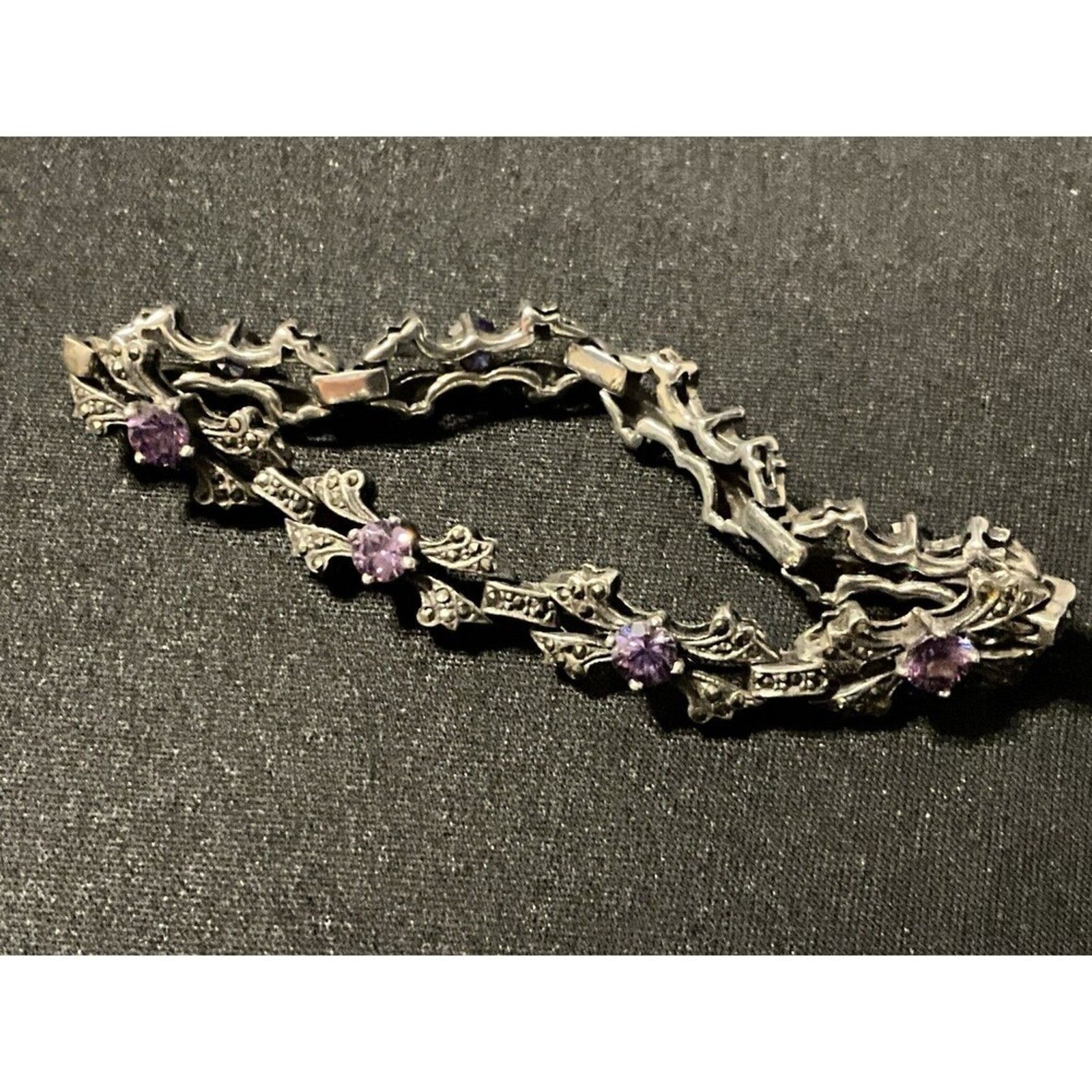 7in 925 Silver Bracelet Amethyst Stones Fold Over Clasp
