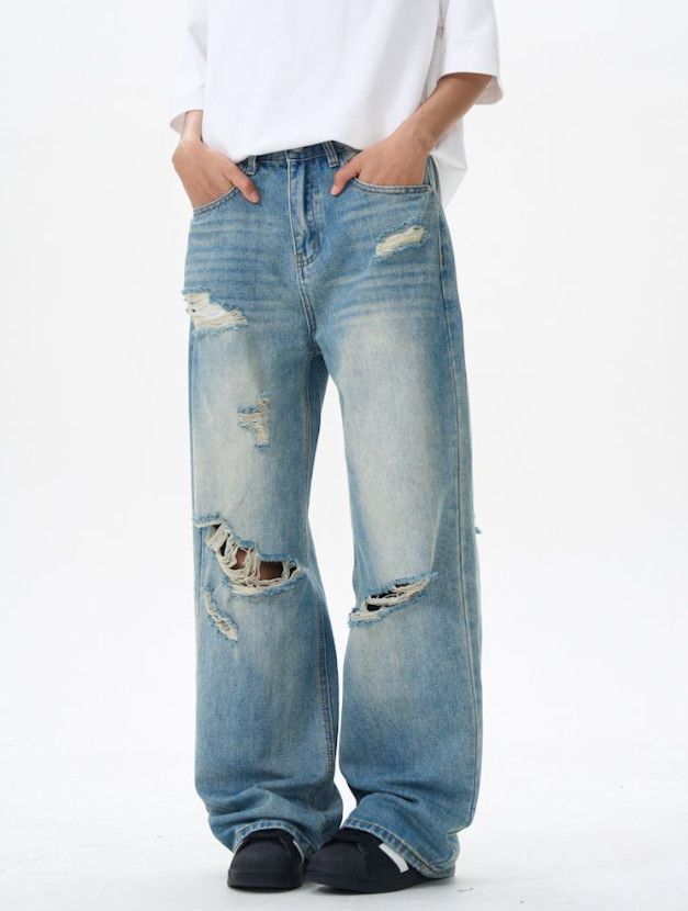 Vintage Men's washed straight loose ripped whisker baggy jeans Size US 32 / EU 48 - 4 Thumbnail