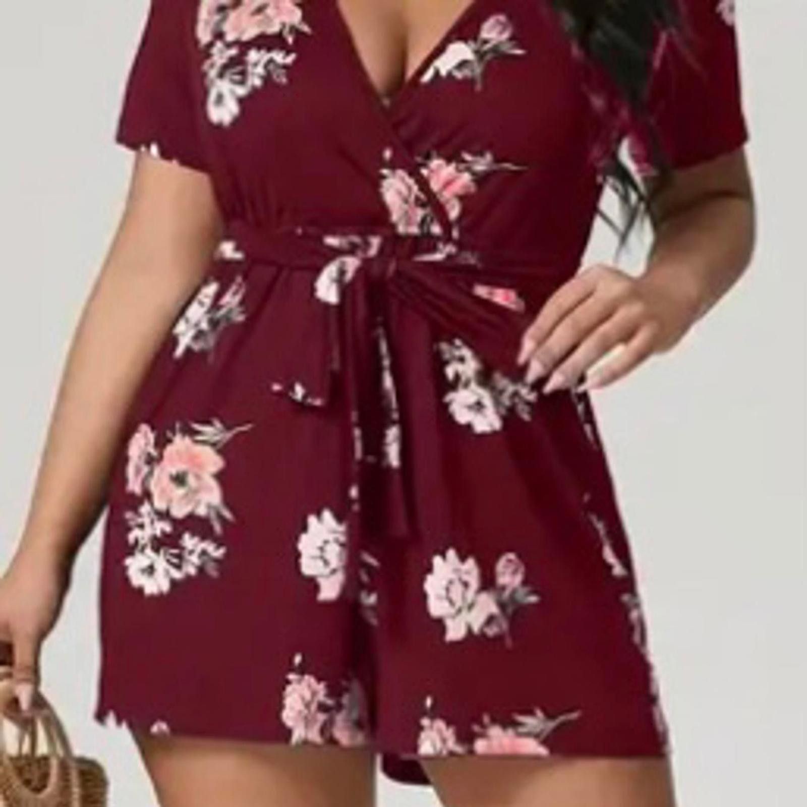 Designer Floral Wrap Romper - Maroon with Flowers Size 30" / US 8 / IT 44 - 1 Thumbnail