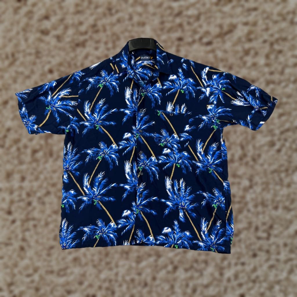 Vintage Puritan Shirt Mens XL Blue Palm Print Hawaiian Vacation Beach Button Up Shirt Size US XL / EU 56 / 4 - 1 Thumbnail