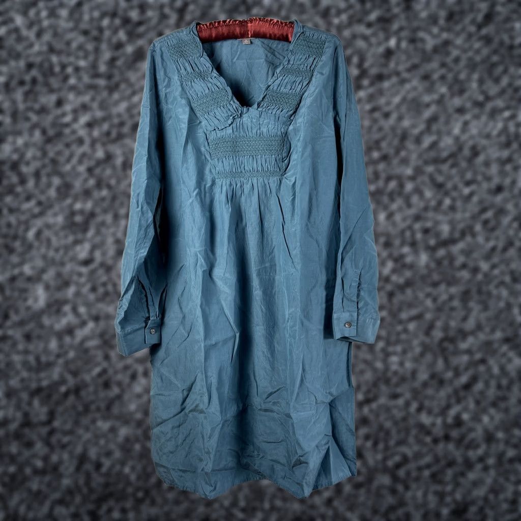 J. Jill J.Jill Dress Smocked Shift Silk Cotton Blend Long Sleeve Blue-Green Women M Size M / US 6-8 / IT 42-44 - 1 Thumbnail
