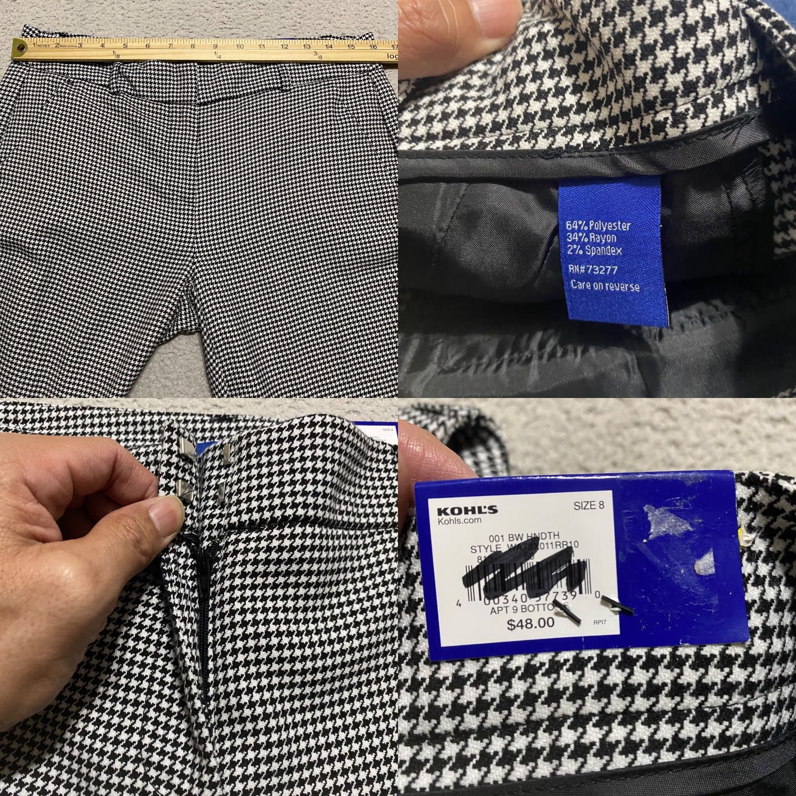 Apt. 9 NWT Apt 9 Womens Pants Black Plaid Houndstooth Torie Straight Mid Rise NWT 성 Size 30" / US 8 / IT 44 - 8 Thumbnail