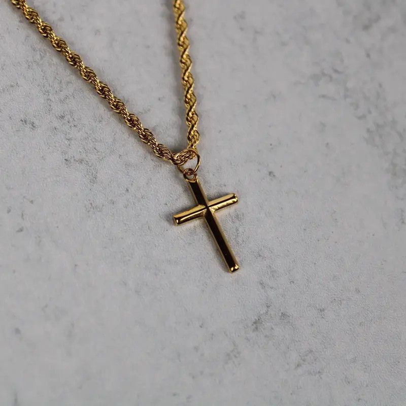 Jewelry Gold Cross Pendant Chain Necklace 3mm Rope 20 Inch Size ONE SIZE - 2 Thumbnail