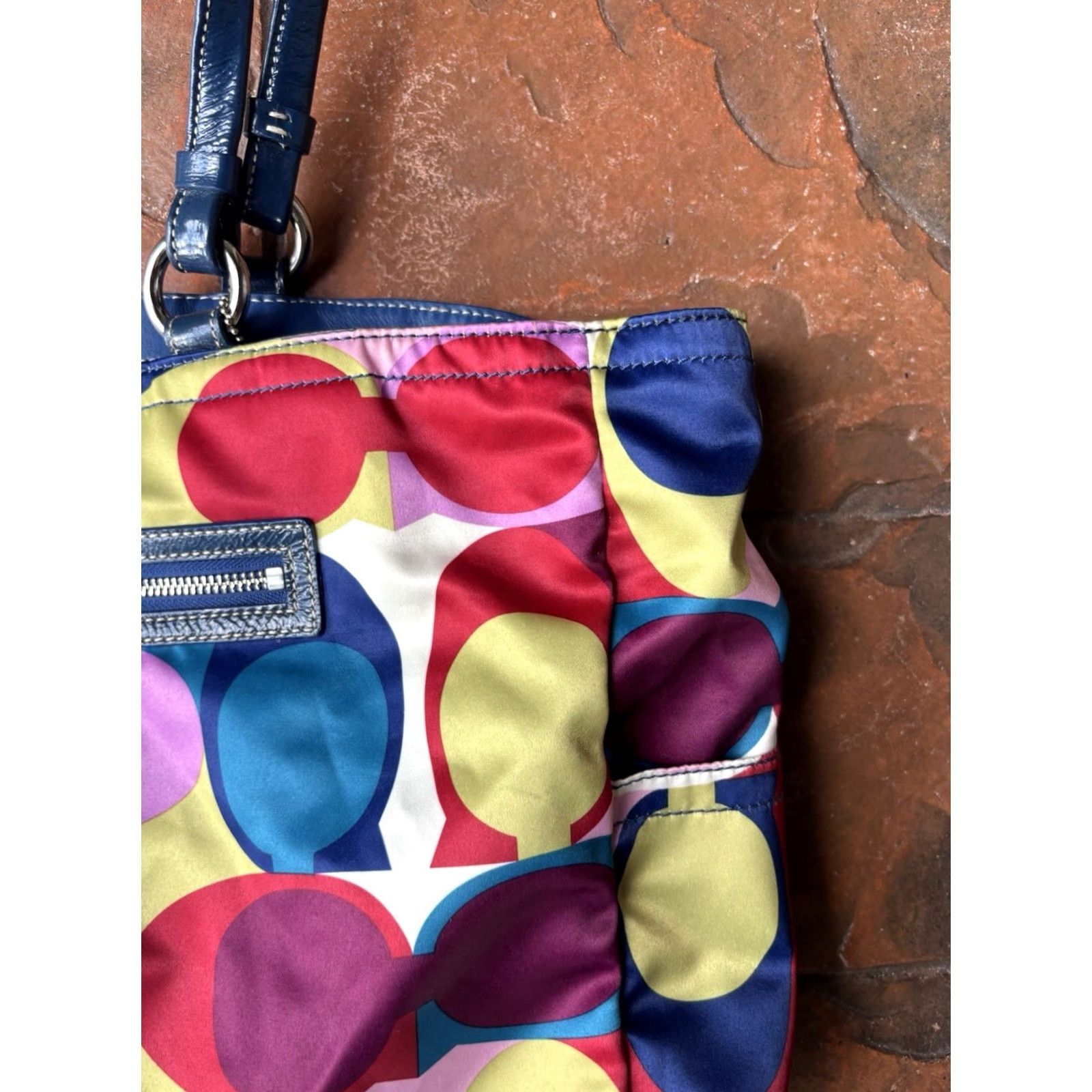 Coach Coach Poppy Signature Sateen Large Tote Shoulder Bag Scarf Print Bag Charm Multicolor Satin Leather Blue Handles Womens Shoulder Bag Medium Size ONE SIZE - 5 Thumbnail