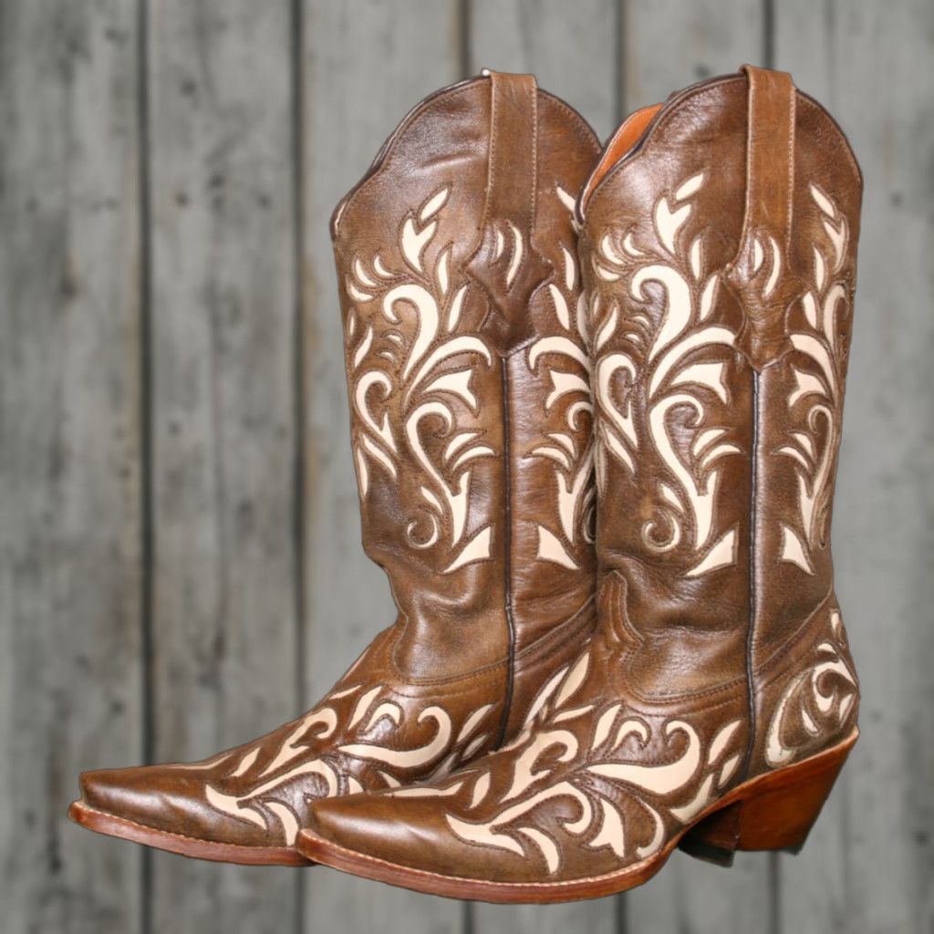 Vintage RL ROCKIN LEATHER Brown Beige Inlay 2.5" Wood Heel Western Cowgirl Boots Sz. 7B Size US 7 / IT 37 - 1 Thumbnail