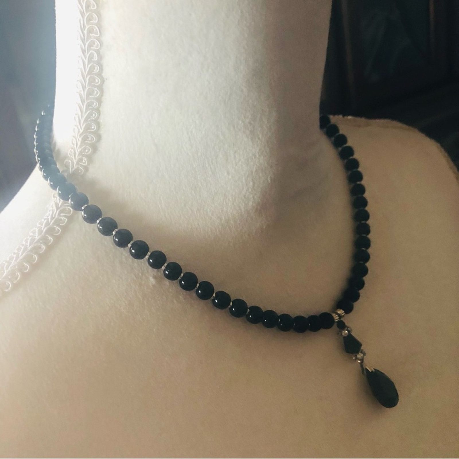 Handmade Handcrafted repurpose black crystal pendant Pearl necklac Size ONE SIZE - 3 Thumbnail
