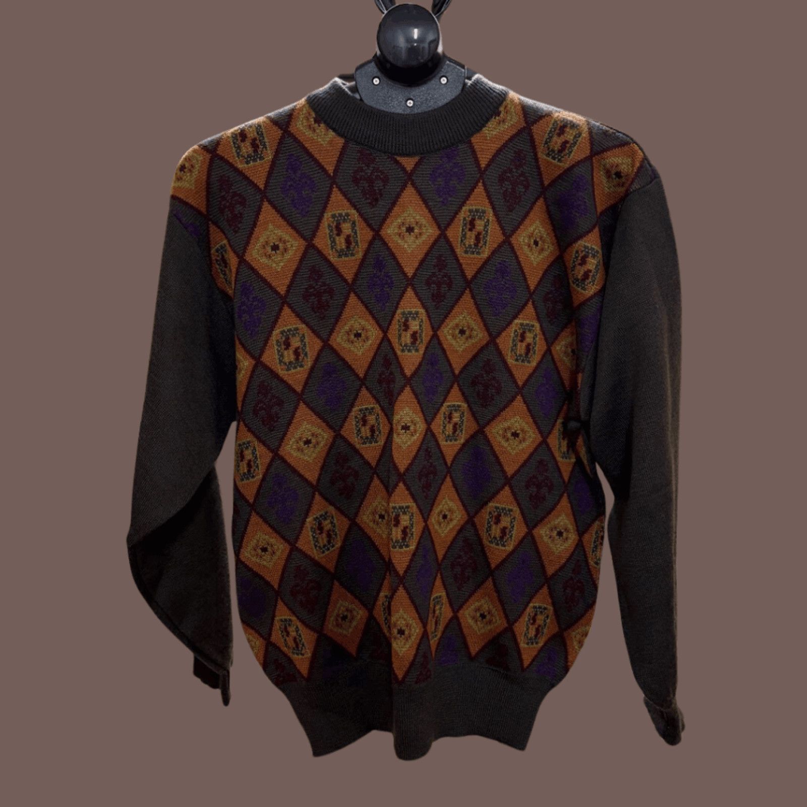 Vintage VTG Aztec Sweater | Rebecca Diamond Knit Black | 90s Dadcore Size US XL / EU 56 / 4 - 1 Thumbnail