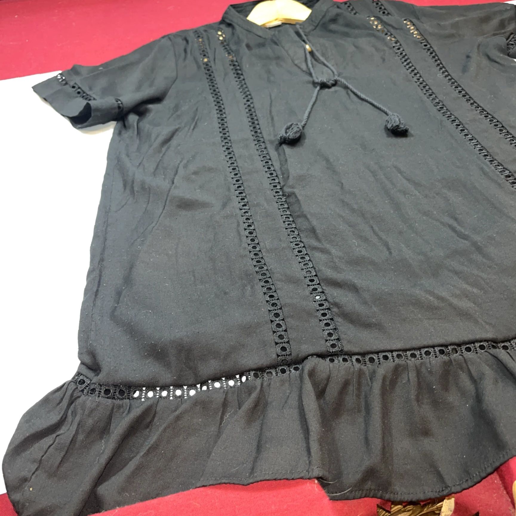 Vintage Time And Tru BLACK DRESS Cover Up V Neck Tie Tassel Ruffle Hem Cut Outs 1X 16-18 Size XL / US 12-14 / IT 48-50 - 5 Thumbnail