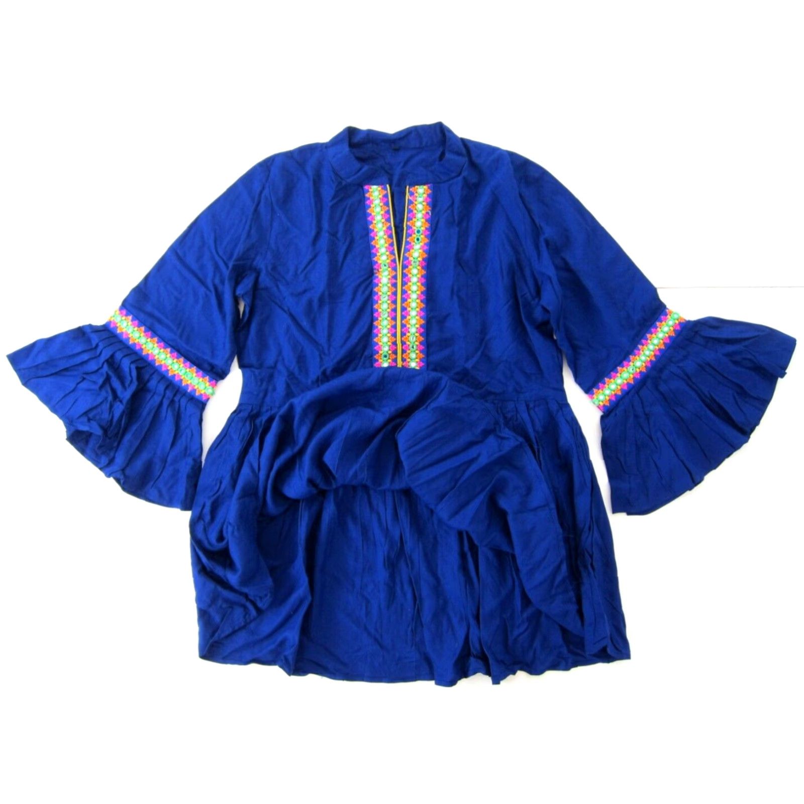 Vintage VINTAGE Ethnic Rayon Blue Embroidered Flare Sleeve Tunic Peasant Blouse L Womens Shirt Size L / US 10 / IT 46 - 5 Thumbnail