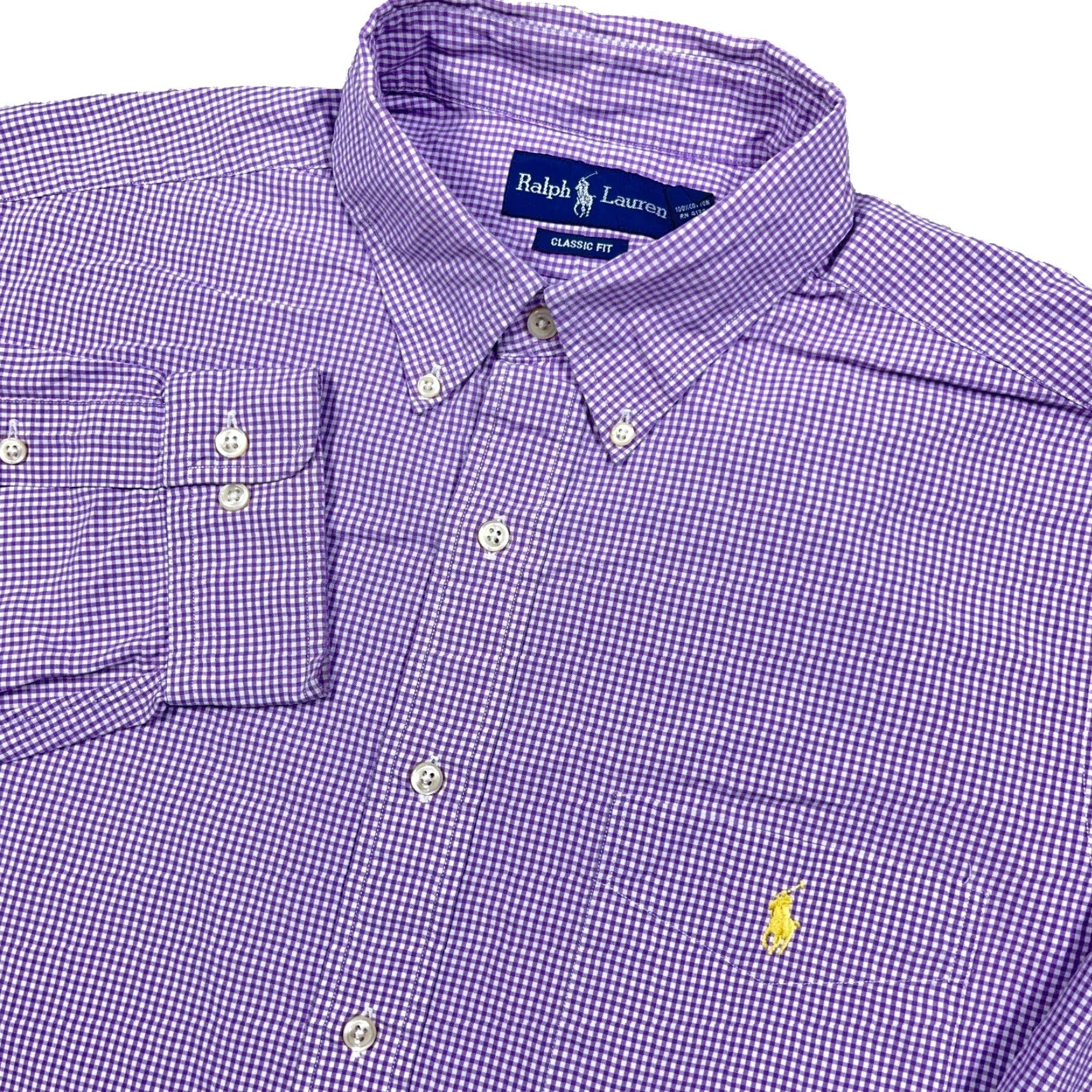 Ralph Lauren VINTAGE Ralph Lauren Shirt Men XL Purple Button Up Gingham Check Poplin Dress Pocket Size 46R - 2 Thumbnail