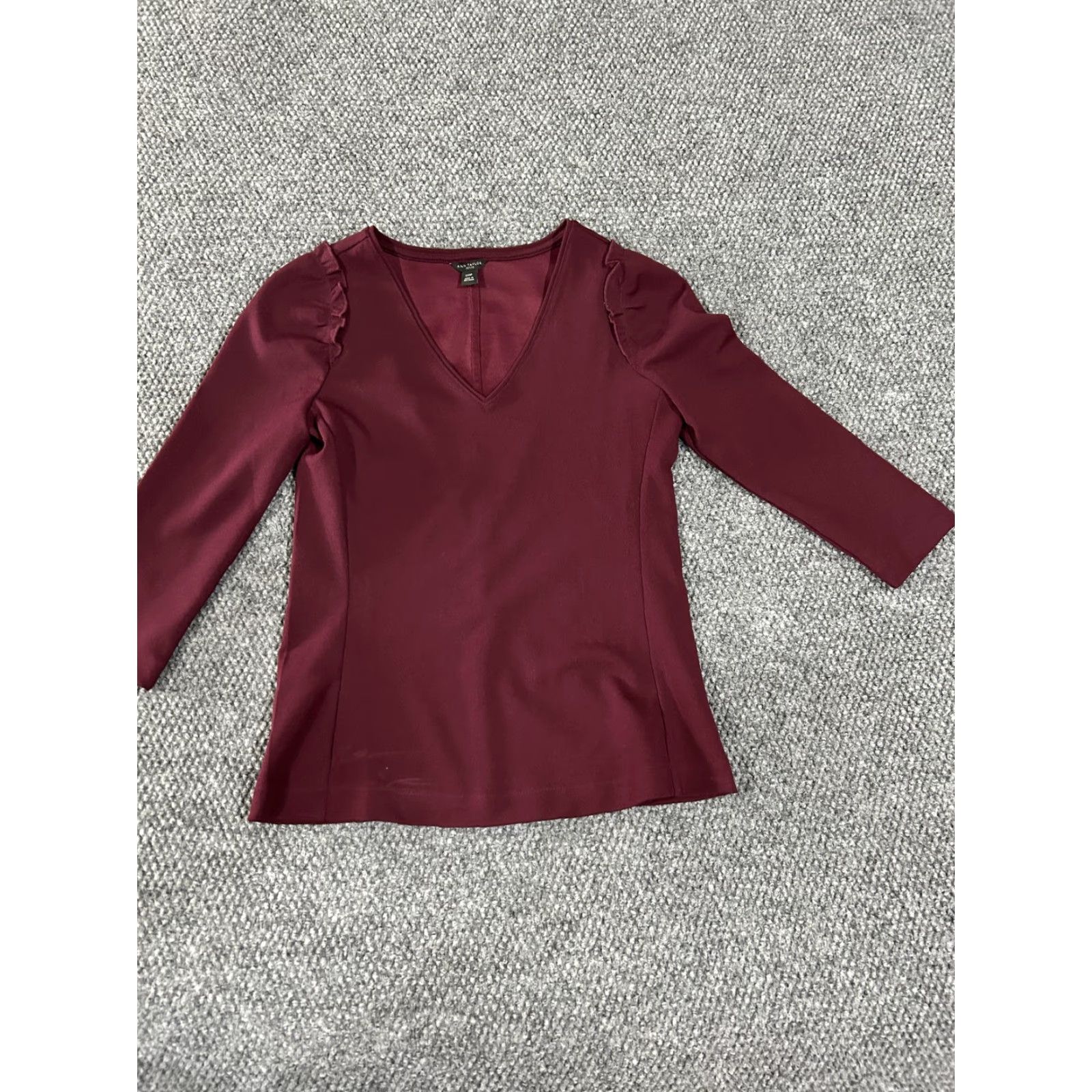 Ann Taylor Ann Taylor Petite Shirt Womens XXSP Burgundy V Neck Ruffle Sleeve Top Stretch Size XXS / US 00 / IT 34 - 3 Thumbnail