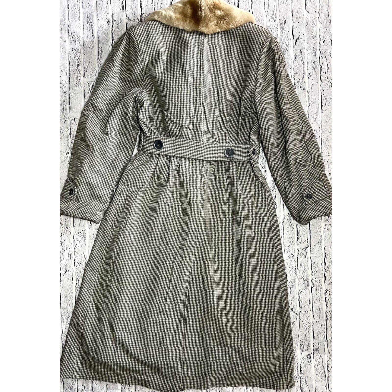 Greats VINTAGE robitshek schneider Great Western Wool Houndstooth Jacket Womens Coat Overcoat S Green Fur Trim Double Breasted Belted Wool Lined Buttoned Size S / US 4 / IT 40 - 6 Thumbnail
