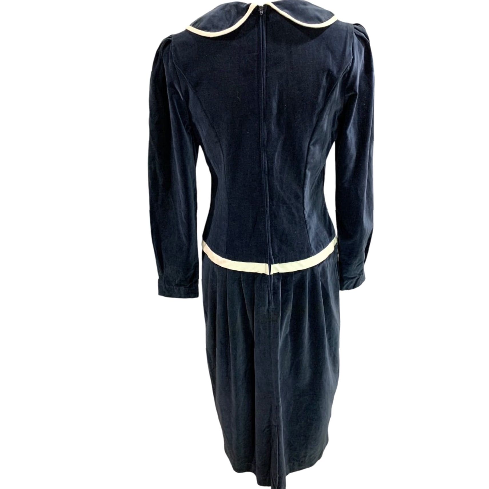 Velvet VINTAGE 1960s Velvet Dress Navy Blue Ivory Box Trim Midi Women M Navy Box Velvet Dress 1960s Womens M Size M / US 6-8 / IT 42-44 - 7 Thumbnail