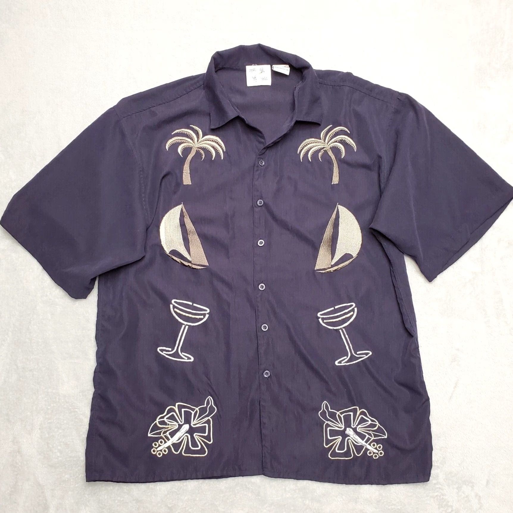 Vintage Cameron Shirt Men XL Black Hawaiian Cocktails Embroidered 100% Polyester Button-Up Short Sleeve Casuals All Seasons Mens Size US XL / EU 56 / 4 - 2 Thumbnail