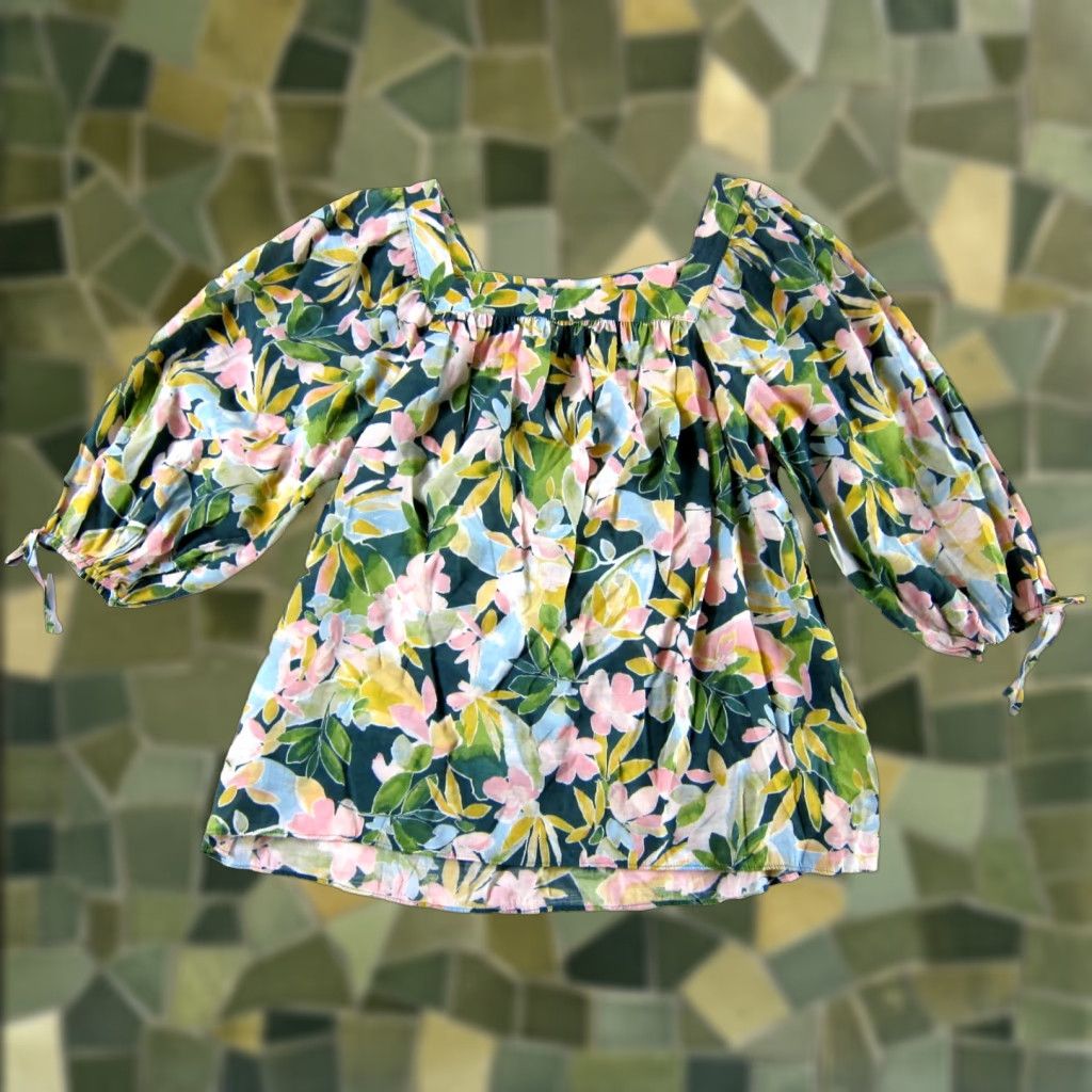 Vintage LC Lauren Conrad Blouse Tunic 3/4 Sleeve Floral XL Womens Green Pink Yellow Rayon Polyester Blouse Tunic 90s Bohemian Peasant - Mens/Womens Size XL / US 12-14 / IT 48-50 - 1 Thumbnail