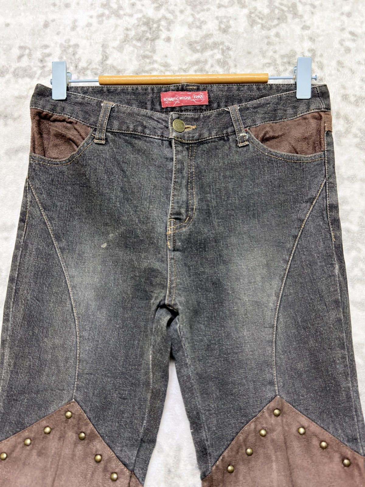 Tornado Mart Romantic Mocha Studded Knee Patch Flare Women Jeans Size US 27 - 3 Thumbnail