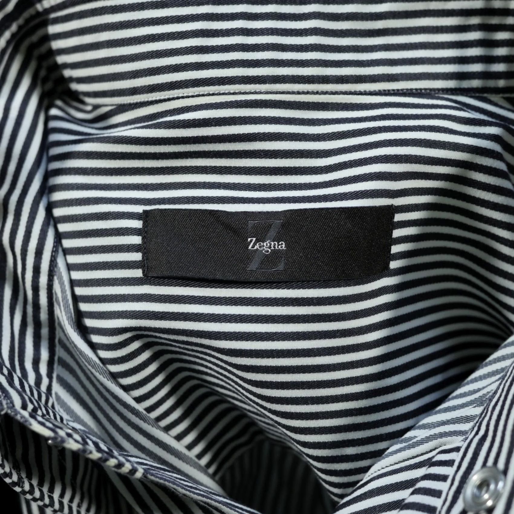 Ermenegildo Zegna Zegna Shirt Mens Large 16 Drop 8 Black Striped Pearl Snap Barrel Button-Up Classic Cotton Denim Cap Sleeve Mens Size US L / EU 52-54 / 3 - 7 Thumbnail